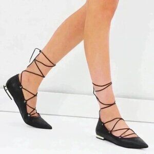 Aldo Alize Black Leather Ballet Flats Pointy Toe Lace Up Ankle Ties Size 7.5